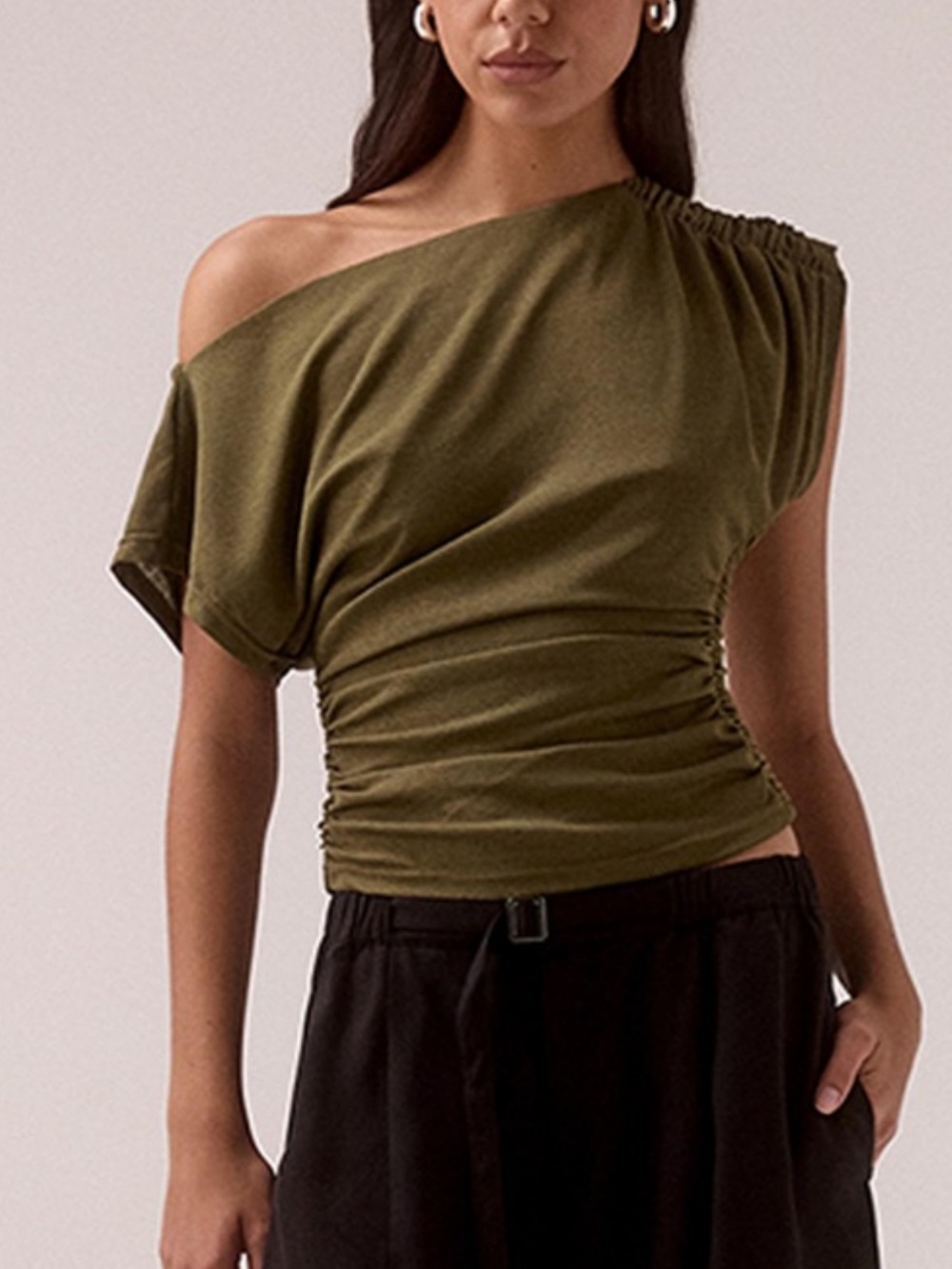 SOVERE Rua Top Olive One-Shoulder Ruched Women’s Top NWT